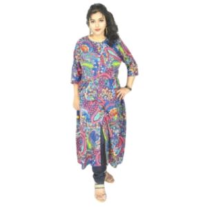 Blue Printed Cambric Cotton Kurti – Long Front Slit, 3/4th Sleeves, Round Neck-110
