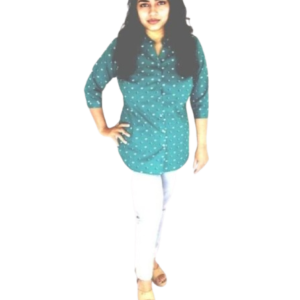 Women's Teal Printed Cotton Casual Shirt – Mandarin Collar, 3/4 Sleeve