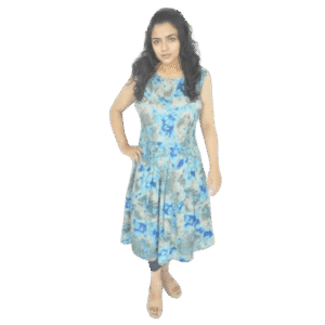 rayon printed short dress with round neck and sleeveless design