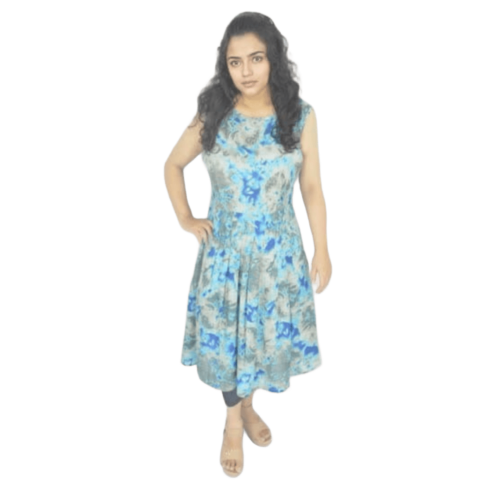 rayon printed short dress with round neck and sleeveless design