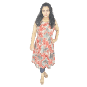 rayon printed short dress with round neck and sleeveless design