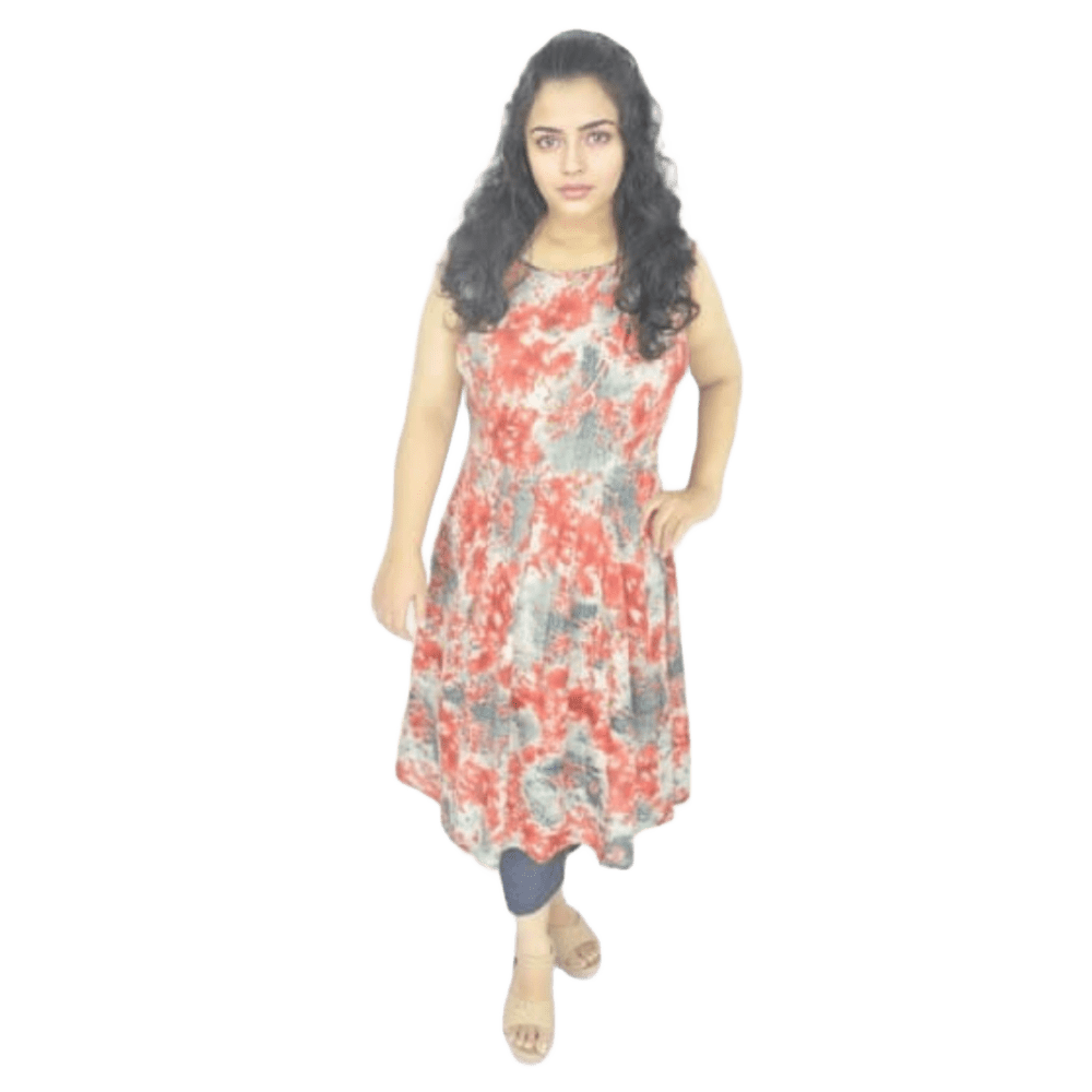 rayon printed short dress with round neck and sleeveless design