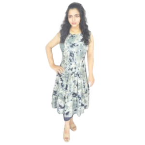 rayon printed short dress with round neck and sleeveless design