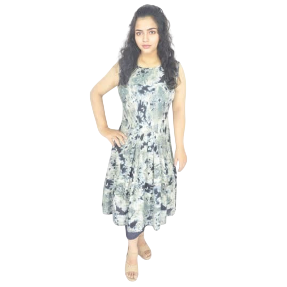 rayon printed short dress with round neck and sleeveless design