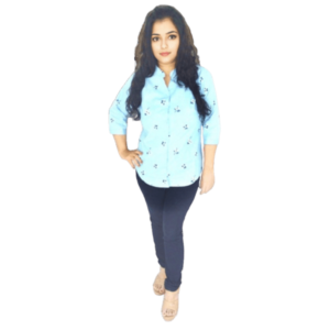 Printed cotton women's shirt with 3/4 sleeves and mandarin collar