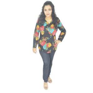 women printed cotton top with black floral print and V neck