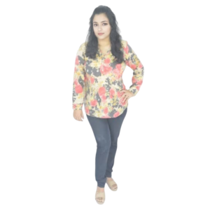 women printed cotton top with coral floral print, V neck and full sleeves