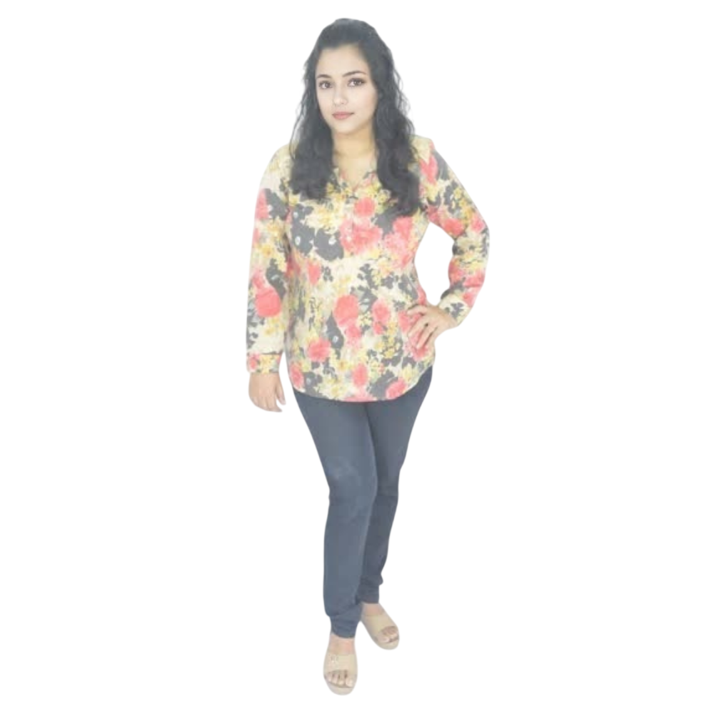 women printed cotton top with coral floral print, V neck and full sleeves