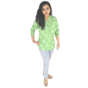 green printed rayon casual shirt with mandarin collar and 3/4th sleeves