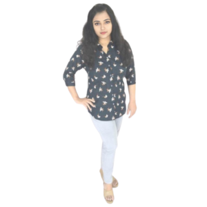 black printed rayon casual shirt with mandarin collar and 3/4th sleeves