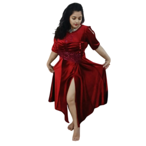 cotton red gown with round neck ankle length front slit